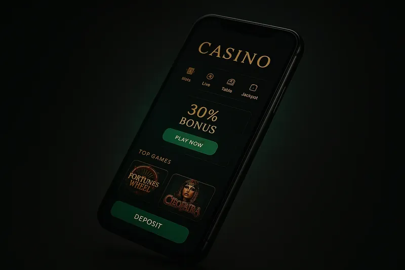 Modern smartphone showcasing dark premium casino app UI with green accents