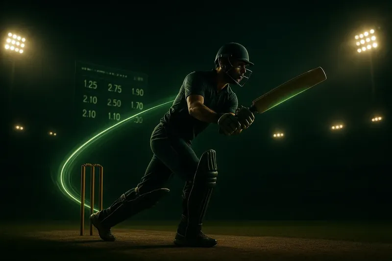 Cricket athlete sprinting with neon speed trail under stadium floodlights