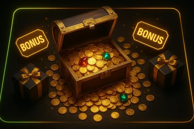 Golden treasure chest bursting with coins, gems, and glowing bonus tags