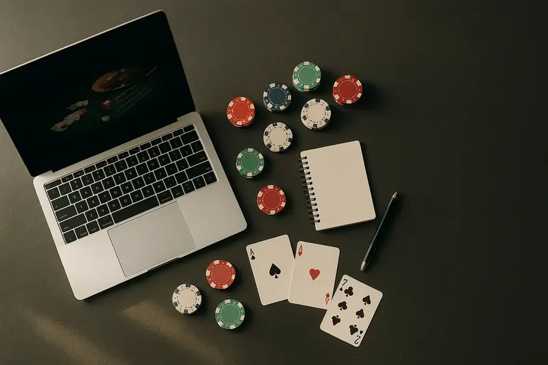 Open laptop with casino review site, notepad, chips and cards flat lay