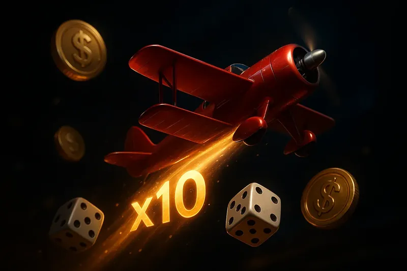 Red airplane soaring with glowing multiplier trail, coins and dice floating