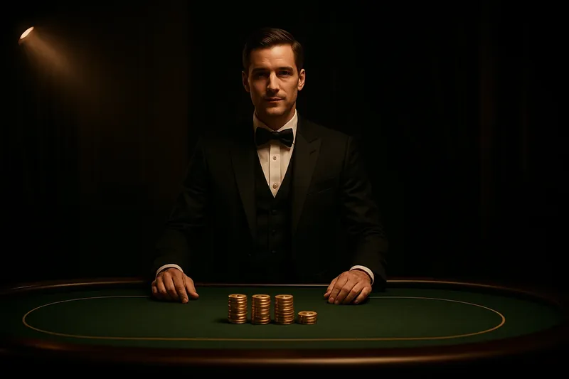 Professional dealer behind green felt table with golden chips under spotlight
