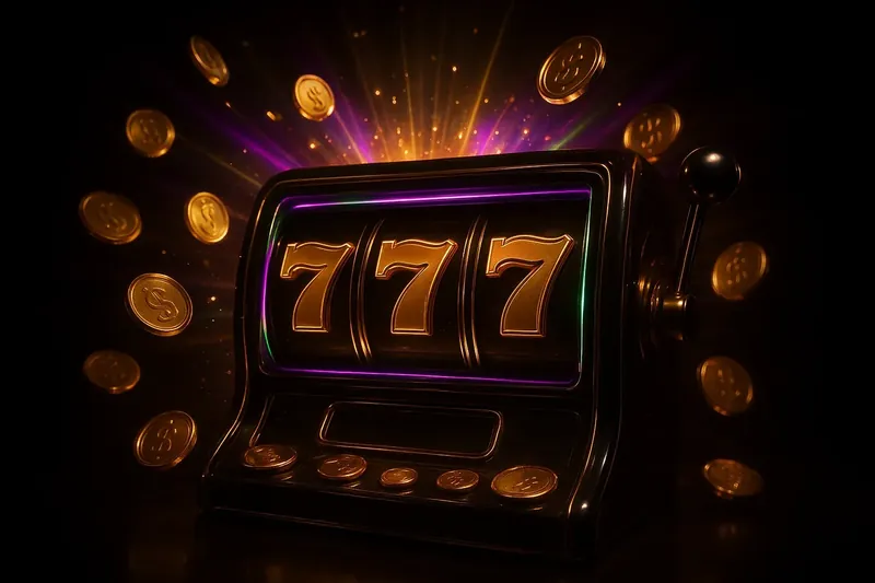 Slot machine jackpot with golden 777 symbols, coins, and neon light beams